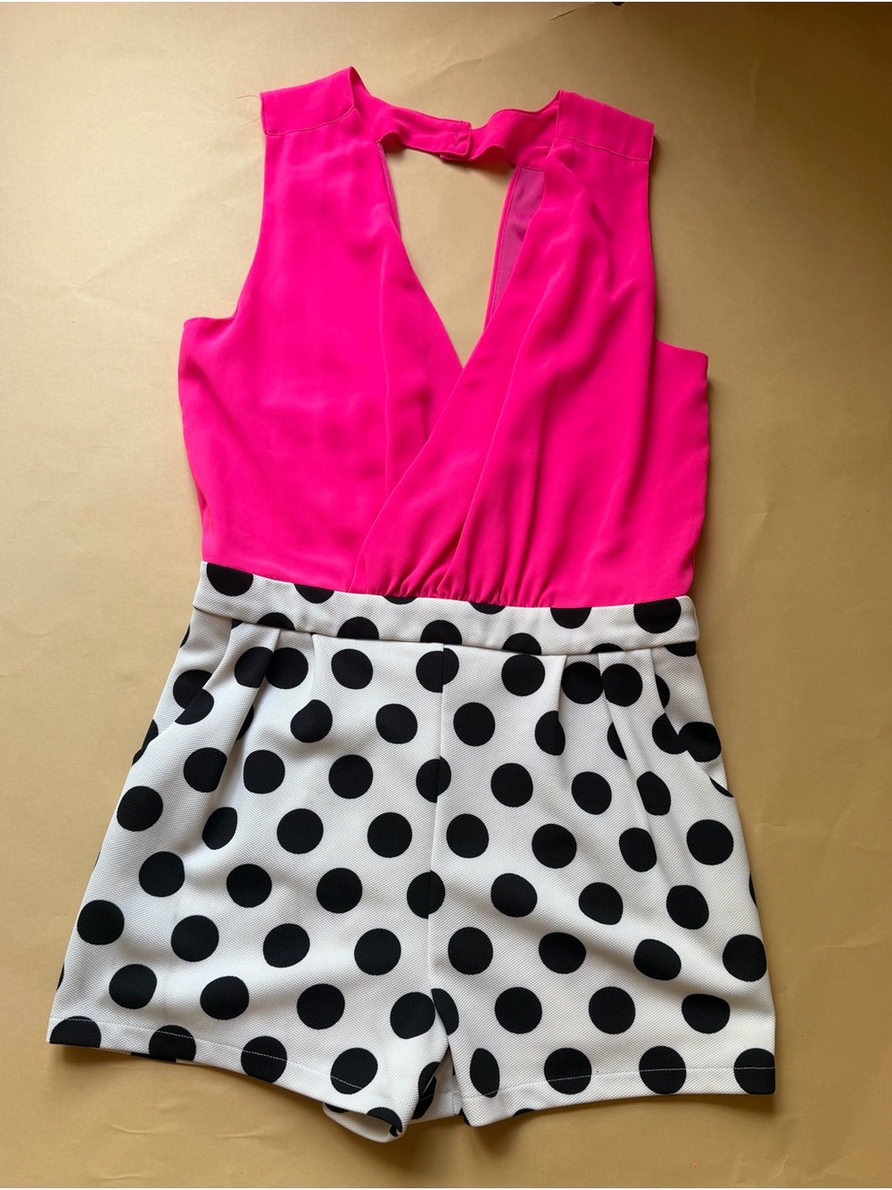 CALS Pink Colorblock Romper Polka Dot Shorts Keyhole Back Women's Large